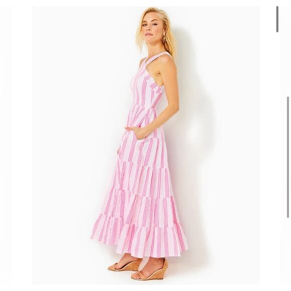 Lilly Pulitzer Jenette Halter Maxi Havana Pink Sails & Stripes Seersucker 00 NWT - Picture 2 of 12
